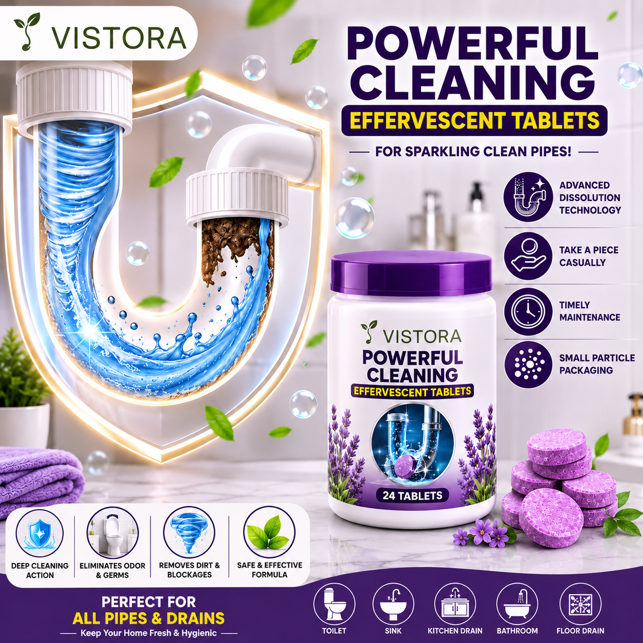 🔥HOT SALE 50% OFF ❤️Powerful Cleaning Effervescent Tablets for Pipe,Deodorizing Antibacterial Pipe Cleaner for Sink Toilet Floor Drain🔥Buy 1 Get 1 Free🔥