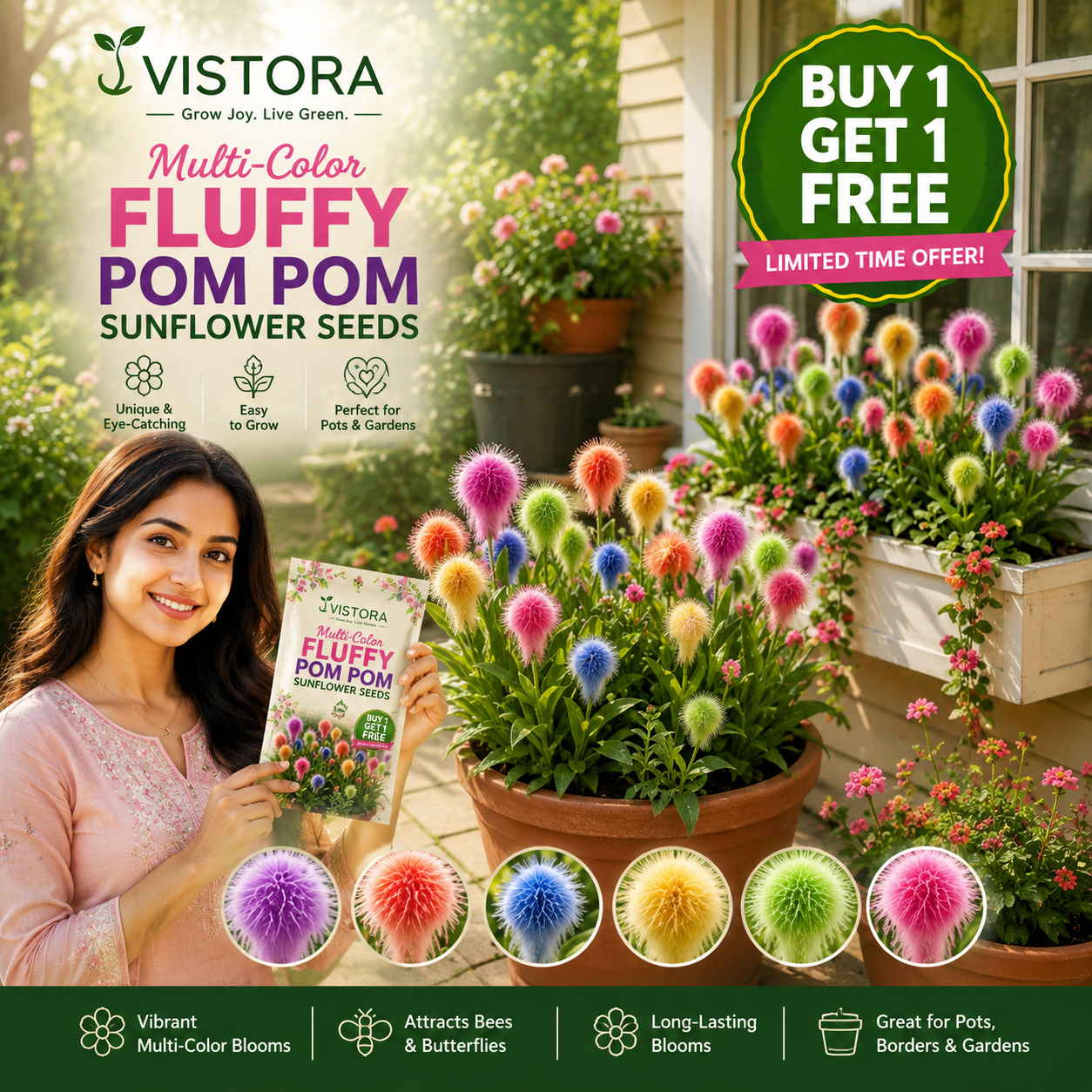 🏠Multi-Color Fluffy Pom Pom Sunflower Seeds☀️Bring magic and beauty to your garden!☀️Buy 1 Get 1 Free☀️1 Pack 300 Seeds