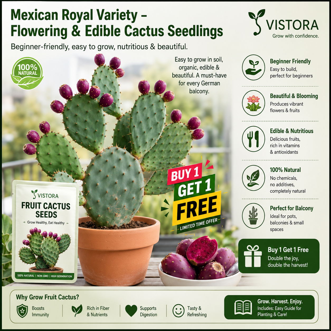 🔥Buy 1 Get 1 Free🔥🍈 Fruit Cactus Seeds 🍈 Edible, nutritious fruits 🌵Easy to grow & drought-tolerant ⚡Fast growth & low pest risk