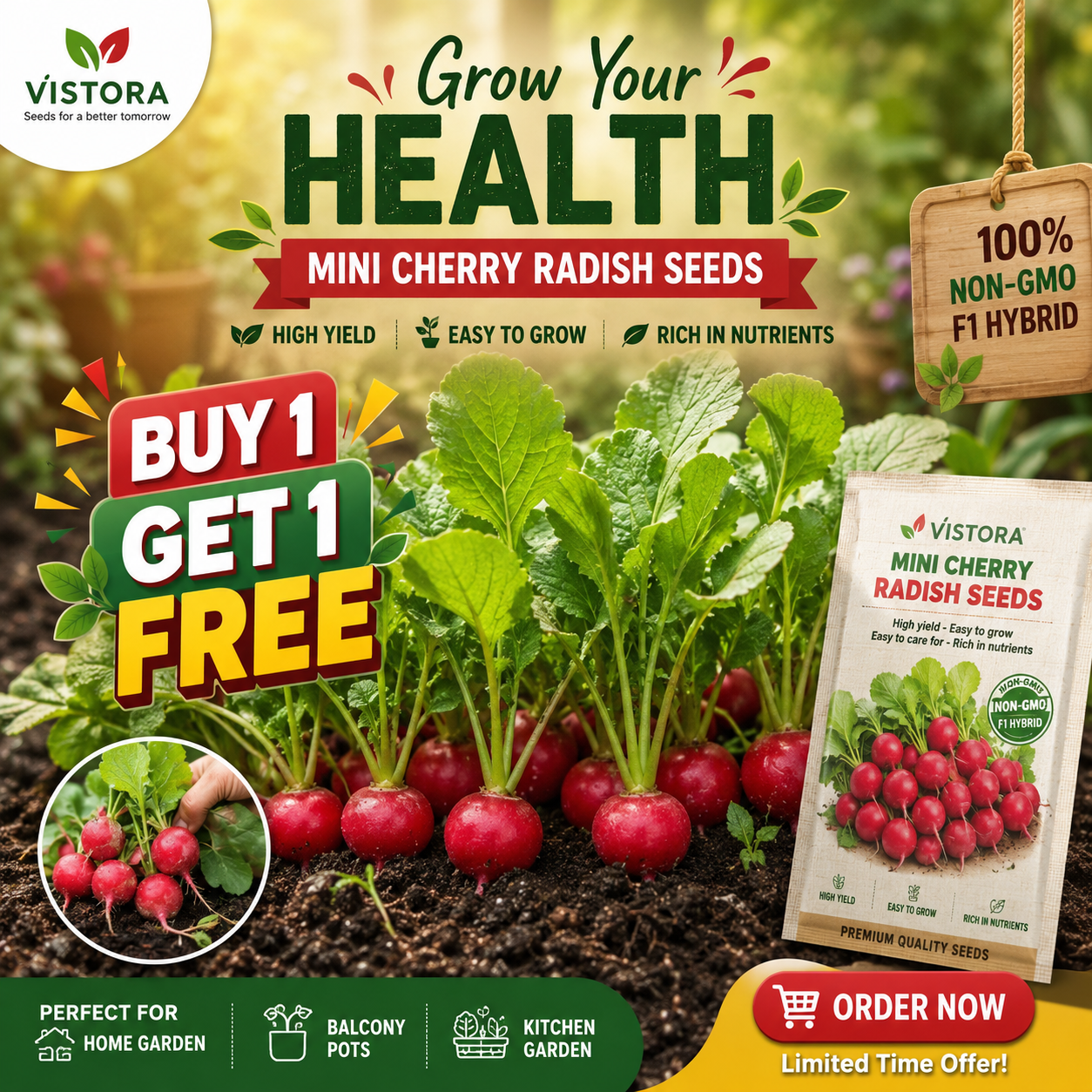 🍒🌱 MINI CHERRY RADISH SEEDS 🌱🍒🌿 BUY 1 GET 1 FREE 🌿🍒