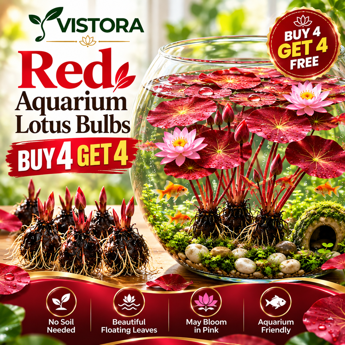 🐟 RED AQUARIUM LOTUS ROOTS BULBS🌿 TURN YOUR AQUARIUM INTO A LIVING GARDEN🌿✨ Buy 4 Get 4 Free Bulbs ✨