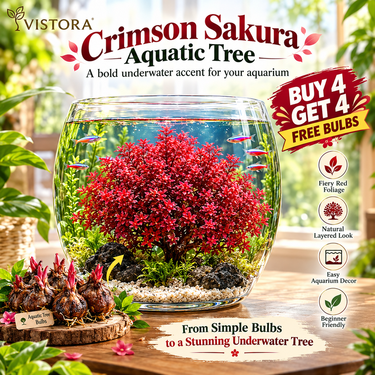 🔥 Crimson Sakura Aquatic Tree Bulbs – Grow a Fiery Underwater Mini Forest✨ Buy 4 Get 4 Free Bulbs ✨